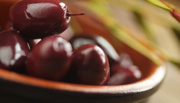 A close-up view of dark olives in a brown bowl with olive branches in the background. - Olive Oil Times