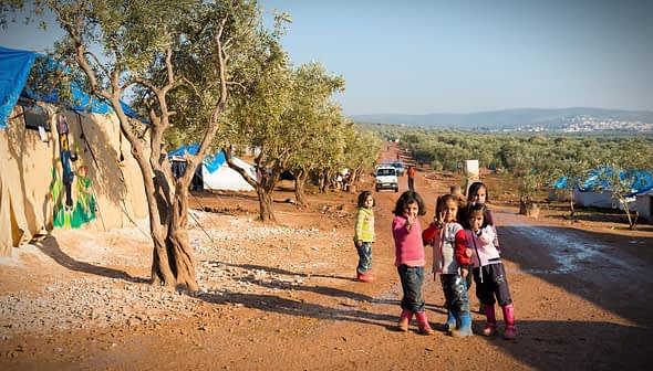 Group of children standing in an olive grove with tents in the background. - Olive Oil Times