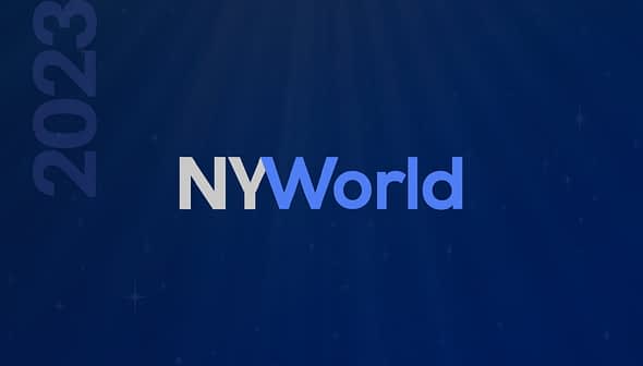 Logo design for NYWorld 2023 featuring stylized text on a blue background. - Olive Oil Times