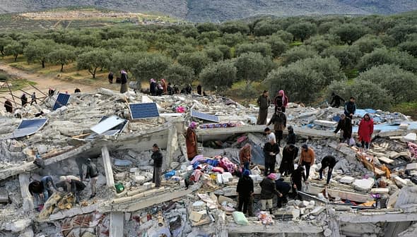 People searching through the rubble of a collapsed building surrounded by olive trees. - Olive Oil Times