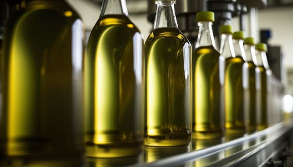 Row of glass bottles filled with olive oil on a production line in a factory setting. - Olive Oil Times