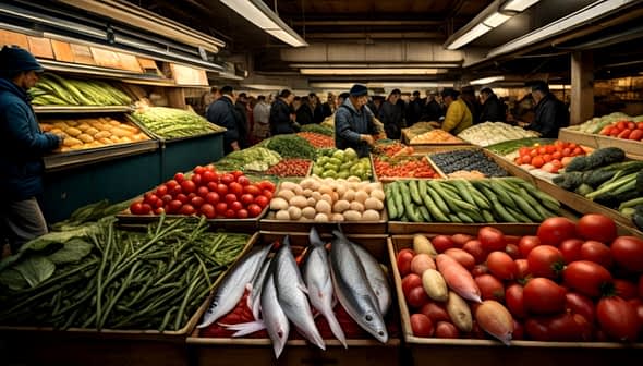 A market scene featuring various fresh vegetables, fruits, and fish arranged in wooden crates. - Olive Oil Times