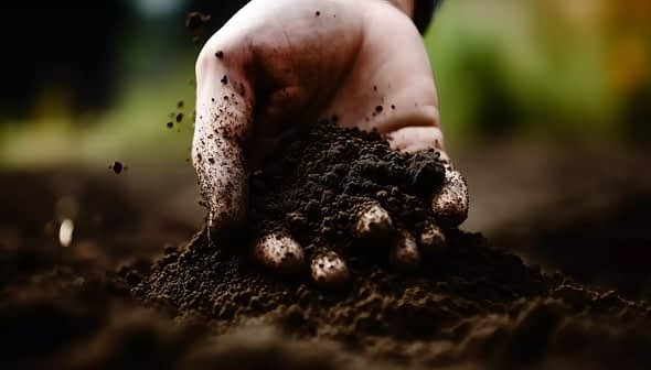 A close-up of a hand holding dark, rich soil with dirt particles visible. - Olive Oil Times