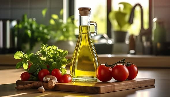 Glass bottle of olive oil surrounded by fresh tomatoes and basil on a wooden cutting board. - Olive Oil Times