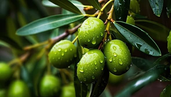 Close-up of green olives on a branch with water droplets on leaves and fruit. - Olive Oil Times