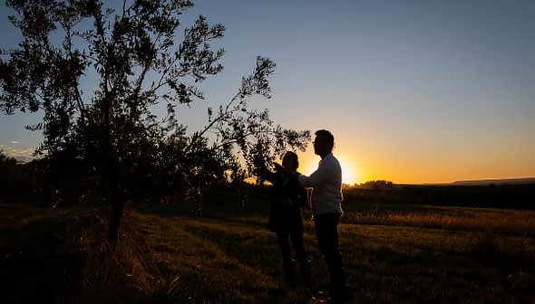 Silhouettes of two individuals standing by an olive tree during sunset with a clear sky. - Olive Oil Times