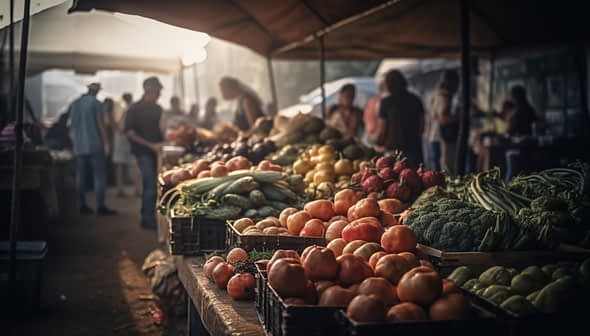 Various fruits and vegetables displayed on tables at a market stall during the day. - Olive Oil Times
