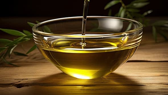 A clear glass bowl filled with olive oil, with olive branches placed nearby on a wooden surface. - Olive Oil Times