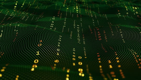 Abstract representation of green binary code with flowing patterns and numbers in a digital landscape. - Olive Oil Times