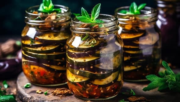 Three jars filled with layers of pickled eggplant slices and herbs in a clear brine. - Olive Oil Times