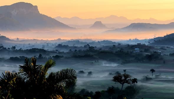 A misty landscape featuring mountains and valleys during sunrise with soft light and fog. - Olive Oil Times