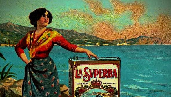 A vintage advertisement featuring a woman standing next to a can of La Superba olive oil by the sea. - Olive Oil Times