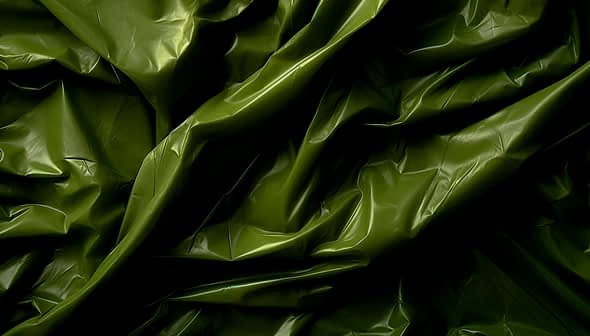 Wrinkled, shiny green fabric with light and shadow creating dynamic folds.
