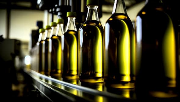 Bottles of olive oil in a factory assembly line