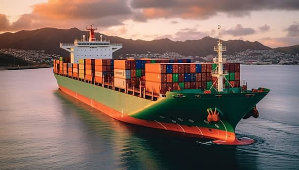 Large container ship loaded with colorful cargo containers navigating calm waters during sunset. - Olive Oil Times