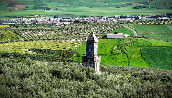 An ancient stone tower stands amidst olive groves and green fields in a rural landscape. - Olive Oil Times