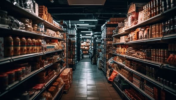 A grocery store aisle lined with shelves filled with various packaged food products and condiments. - Olive Oil Times