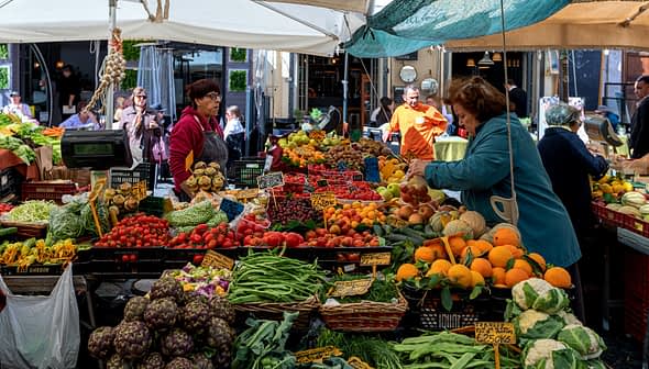 Uma barraca de mercado repleta de diversas frutas e vegetais frescos, incluindo tomates, laranjas e folhas verdes. - Olive Oil Times