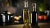 Dos botellas de vidrio que contienen aceite de oliva, una con un líquido dorado claro y la otra con un líquido oscuro, colocadas sobre una superficie de madera. - Olive Oil Times