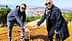 Uzaktaki tepelerin ve suyun manzarasına sahip kırsal bir alanda küçük bir ağaç dikmek için eğilen iki kişi. - Olive Oil Times