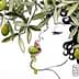 Artistic illustration of a woman with curly hair eating an olive, with olive branches above her. - Olive Oil Times
