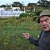 Elderly man wearing a hat pointing at grapevines in a vineyard with a greenhouse in the background. - Olive Oil Times