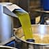 Green olive oil being extracted from a machine into a large metal container. - Olive Oil Times