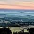A panoramic view of a vineyard landscape with rolling hills and a colorful sky at dusk. - Olive Oil Times