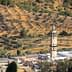 A minaret stands in a landscape featuring olive groves and palm trees on a hillside. - Olive Oil Times