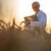 An agricultural scientist in a white lab coat holding a tablet while standing in a wheat field during sunset. - Olive Oil Times