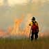 Firefighter in protective gear observing a wildfire with flames and smoke in the background. - Olive Oil Times
