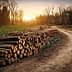 Piles of cut logs stacked along a dirt path in a forest during sunset. - Olive Oil Times