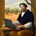A man dressed in historical clothing sitting at a table with a laptop in a scenic setting. - Olive Oil Times
