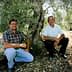 Two men sitting beside an olive tree in an olive grove, both smiling at the camera. - Olive Oil Times