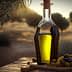 Glass bottle filled with olive oil next to a small bowl of olives on a wooden surface. - Olive Oil Times