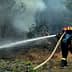 Firefighters using a hose to extinguish flames in a forested area during a wildfire. - Olive Oil Times