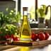 Glass bottle of olive oil surrounded by fresh tomatoes and basil on a wooden cutting board. - Olive Oil Times