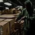 A warehouse worker in a green hoodie sorting through cardboard boxes in a dimly lit environment. - Olive Oil Times