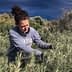 Woman in a gray sweatshirt tending to olive plants in a hilly area near the sea. - Olive Oil Times