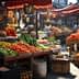 Outdoor market with various fruits and vegetables on display under red umbrellas, with vibrant colors and sunlight creating a lively atmosphere.