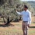 A man in a light blue shirt and beige pants is standing in an olive grove, gently touching the leaves of an olive tree. The background features rows of trees and a hilly landscape under a clear sky.