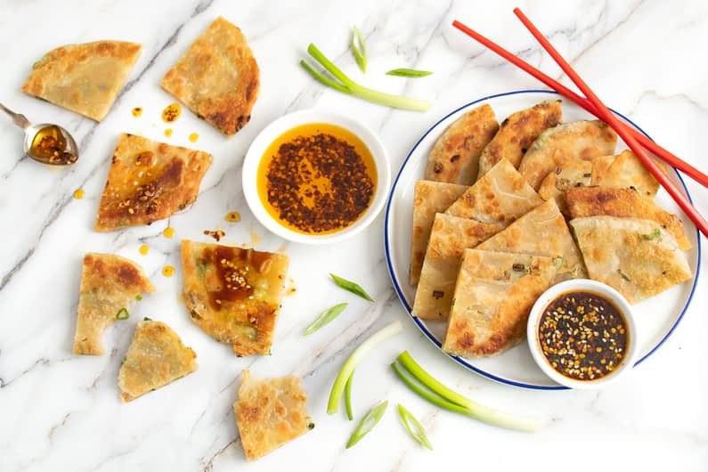 Scallion Pancakes with Chili-Infused Olive Oil