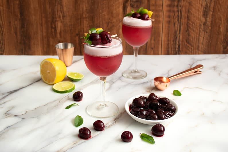 Rum Flip with Olive Oil Pickled Cherries