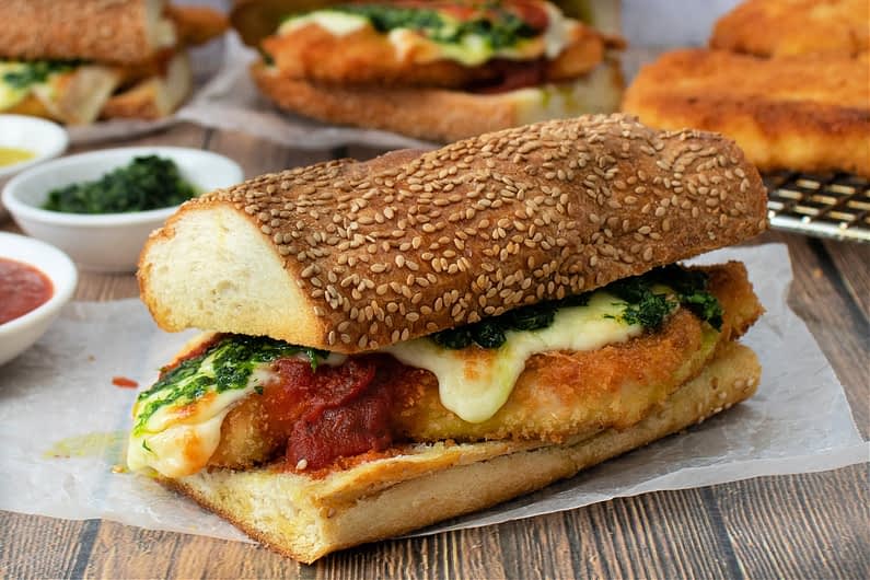 Olive Oil Crispy Chicken Parm with Quick Pesto