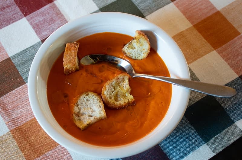 Sweet Potato and Tomato Soup with Olive Oil and Za'atar Croutons