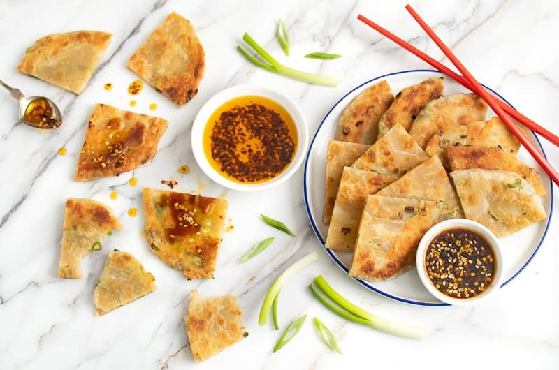 Scallion Pancakes with Chili-Infused Olive Oil