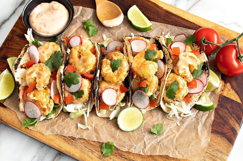 Crispy Shrimp Tacos with Sweet Chili Mayo