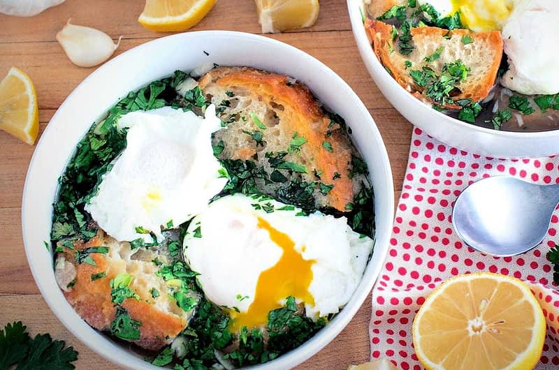 Portuguese Bread Soup with Poached Eggs, Garlic and Olive Oil 