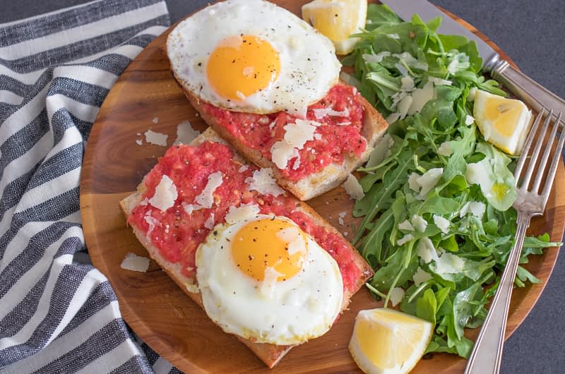 Spanish Tomato Bread (Pan con Tomate) with Olive Oil Fried Eggs 