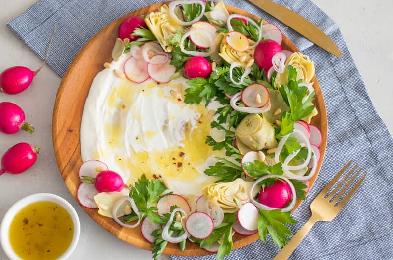 Artichoke & Radish Salad with Savory Olive Oil Mascarpone Cheese